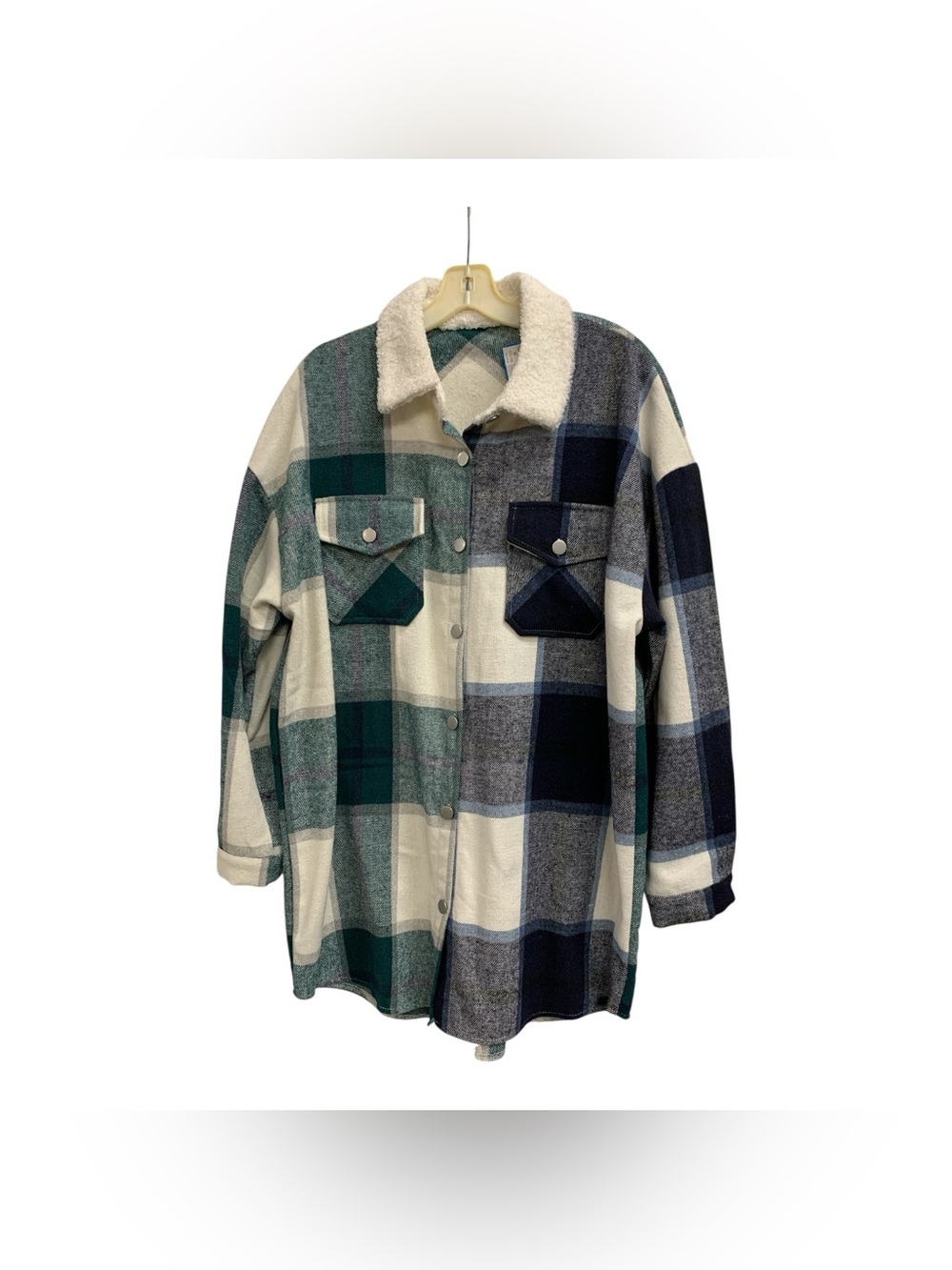 Sherpa-Collar Plaid Shirt Jacket in Cream, Green & Blue Size L